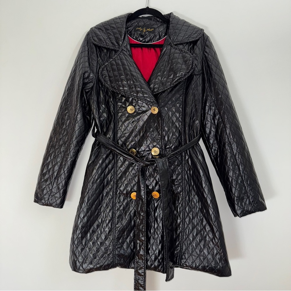 Quilted Black Faux‎ Leather Trench Coat Red Satin Lining Gold Buttons Size L